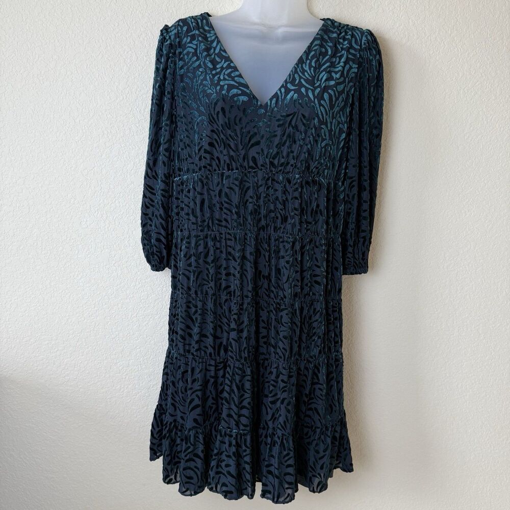 DKNY Women 10 Emerald Green Burnout Velvet Vneck‎ Babydoll Tiered Midi Dress